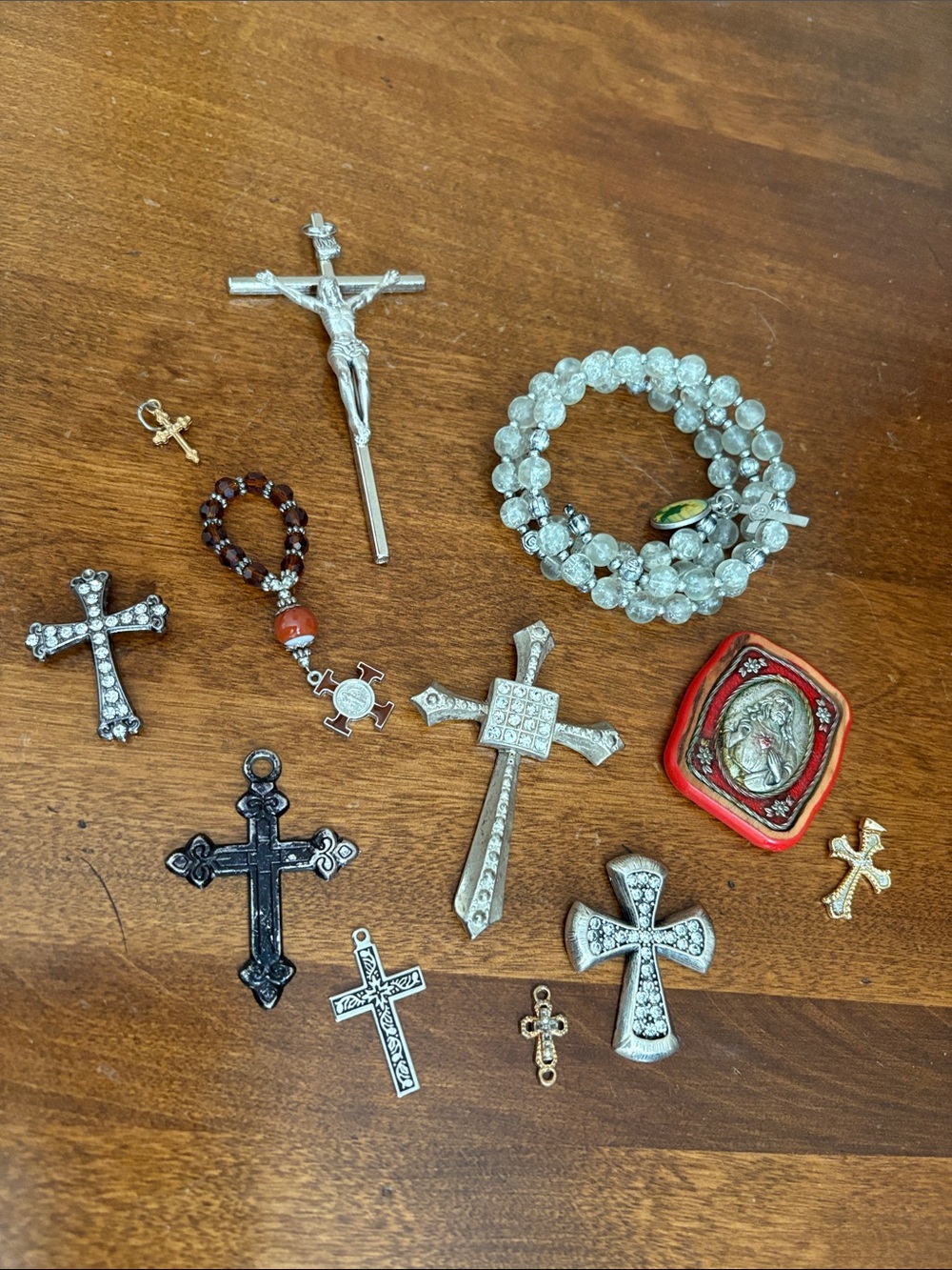 Assorted Silver and Gold Cross Pendant Collection - Clear Crystal Beads